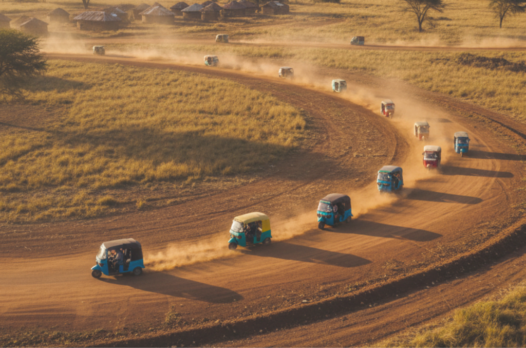 Several Tuktuks racing down a track